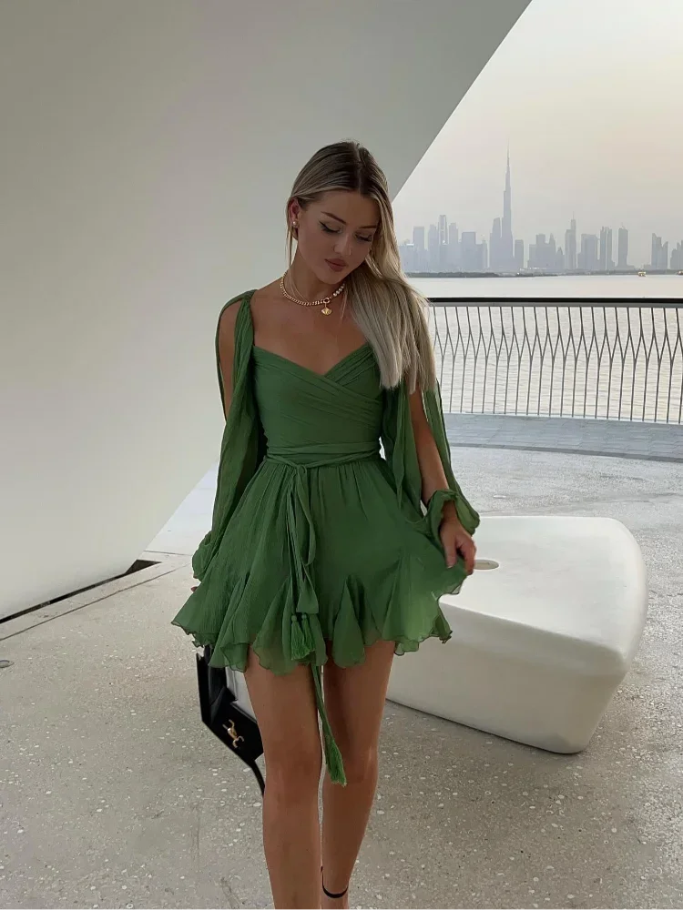 Irregular Mesh Split Long Sleeve Dress Sexy Green Lace Up Pleated Hem High Waist Vestido Summer Lady Vacation Beach Gowns 2025 by Urban Fashion Icon