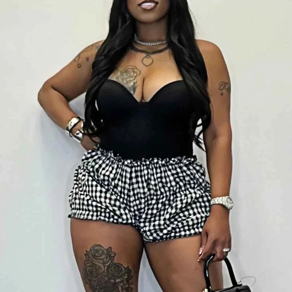Sweet Plaid Print Ruched Shorts Two Piece-Set