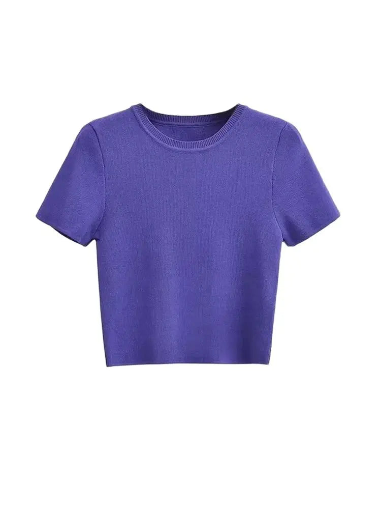 Women Fashion Striped Basic Cropped Knit Sweater Vintage O Neck Short Sleeve Female Pullovers Chic Tops by Urban Fashion Icon