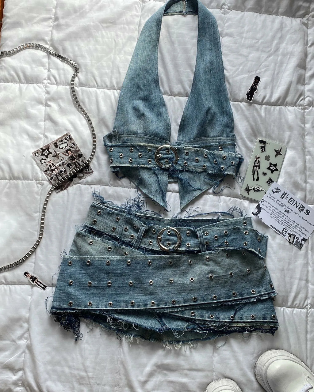 Y2K Leather Spliced Denim Black Two Piece Set Women Harajuku Gothic Long Sleeve Zipper Jacket Mini Pleated Skirt Autumn Jacket by Urban Fashion Icon