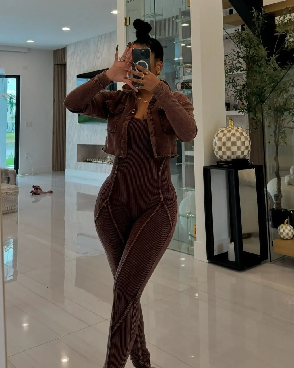Ribbed Long Sleeve Crop Jacket + Bodycon Jumpsuit