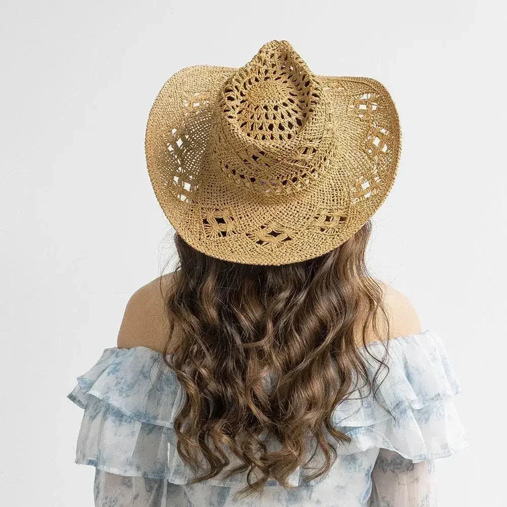 Summer Outdoor Men Women Hand-woven Western Cowboy Straw Hats Wide Brim Breathable Beach Jazz Cap Sun Protection Hat (Copy)
