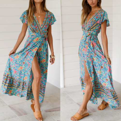 Womens Wrap Style V Neck Floral Maxi Dress - Goddess Imports Marketplace