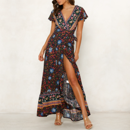 Womens Wrap Style V Neck Floral Maxi Dress - Goddess Imports Marketplace