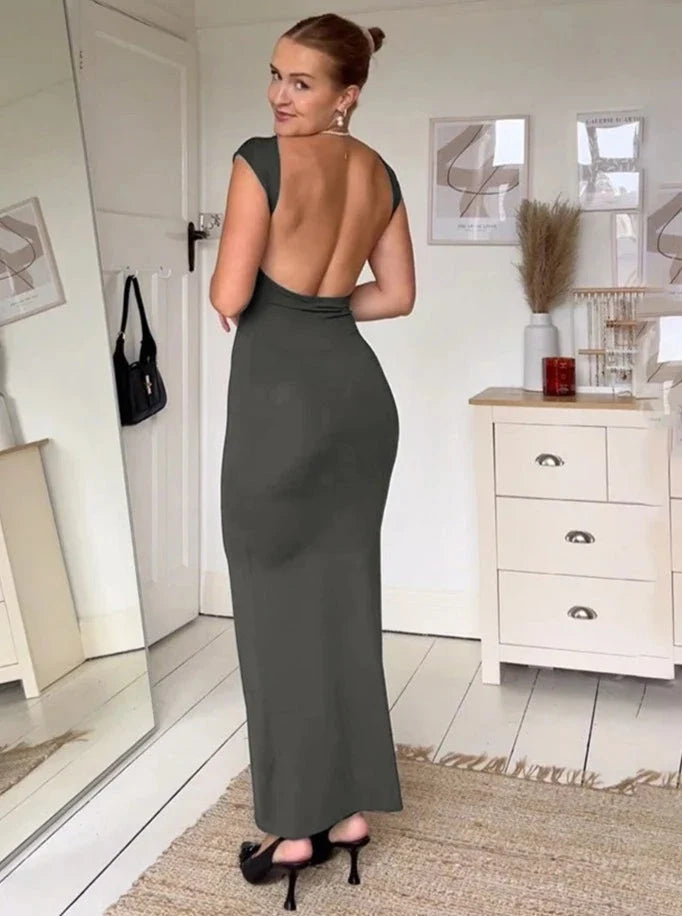 Elegant Short Sleeve Bodycon Maxi Dress O-neck Backless Lady Dresses by nowadaysfashion
