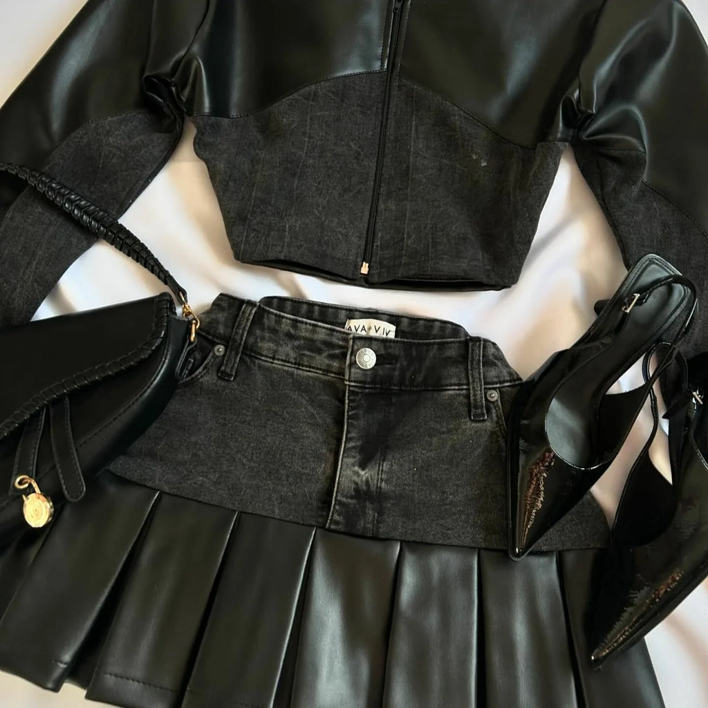 Y2K Leather Spliced Denim Black Two Piece Set Women Harajuku Gothic Long Sleeve Zipper Jacket Mini Pleated Skirt Autumn Jacket by Urban Fashion Icon