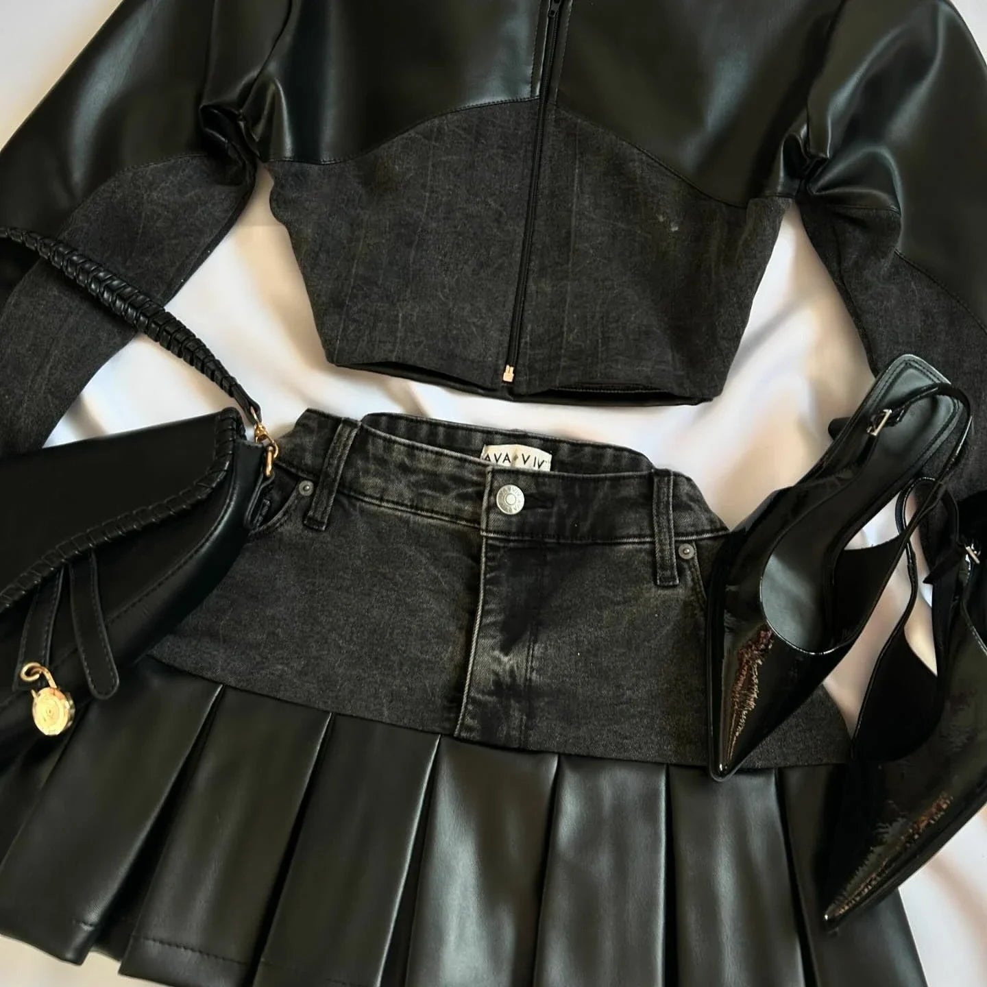 Y2K Leather Spliced Denim Black Two Piece Set Women Harajuku Gothic Long Sleeve Zipper Jacket Mini Pleated Skirt Autumn Jacket by Urban Fashion Icon