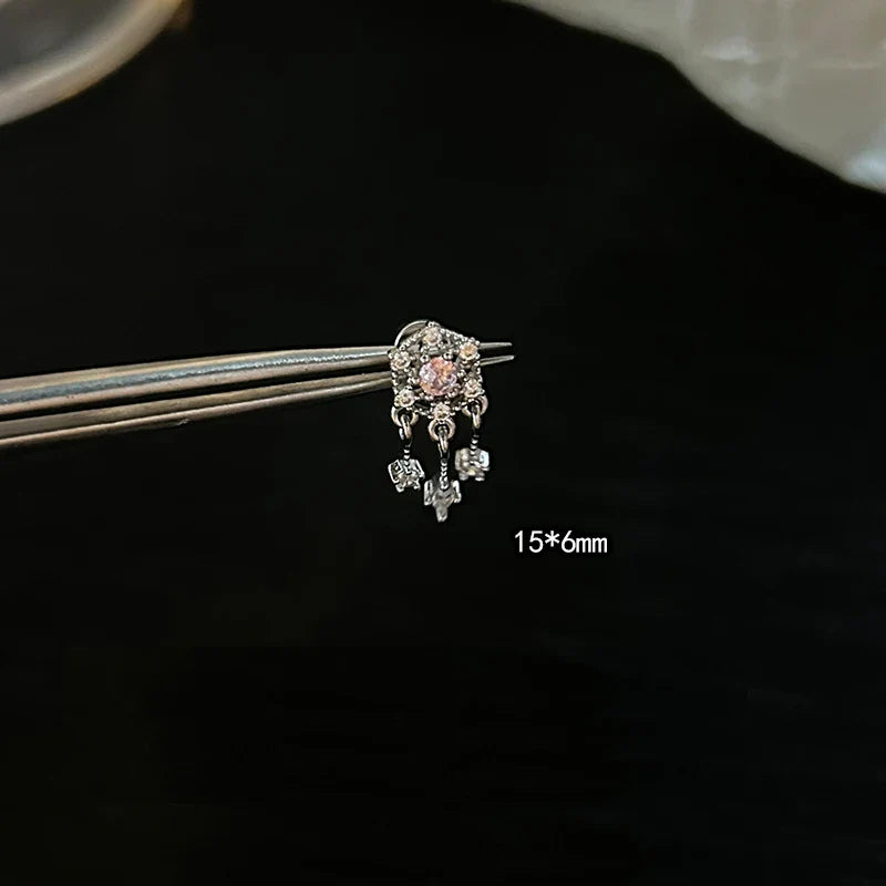 1 PCS Pink Bowknot Shiny Ear Bone Nail 316L Stainless Steel Korean Style Zircon Crystal Earring Women Y2K Cute Cochlea Jewelry