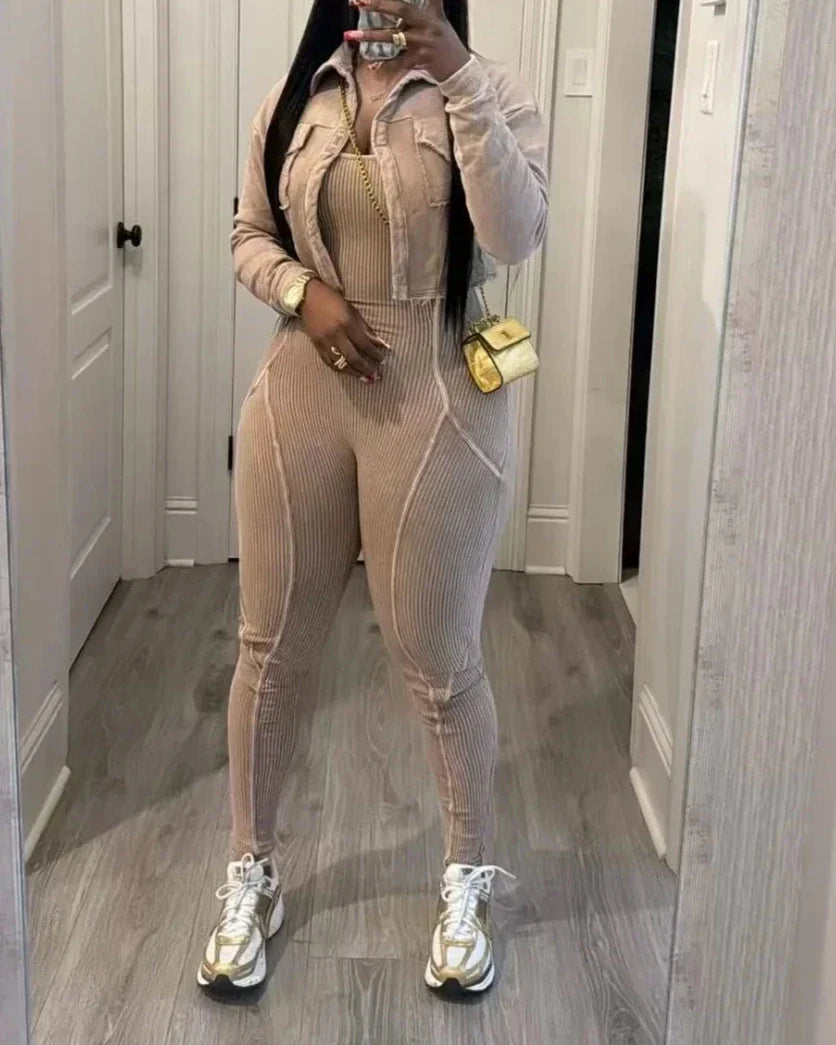 Ribbed Long Sleeve Crop Jacket + Bodycon Jumpsuit
