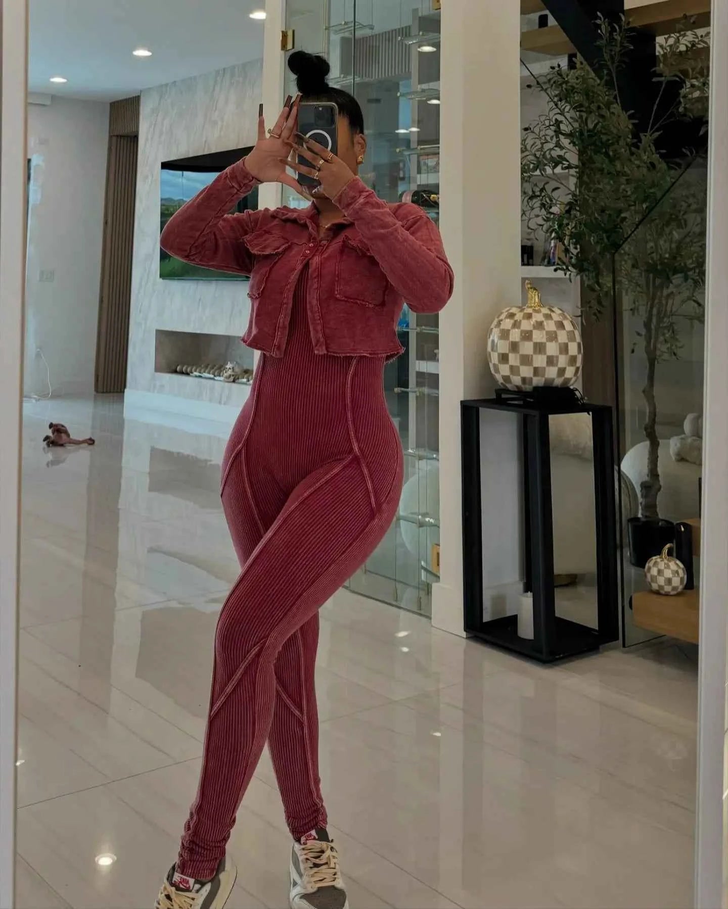 Ribbed Long Sleeve Crop Jacket + Bodycon Jumpsuit
