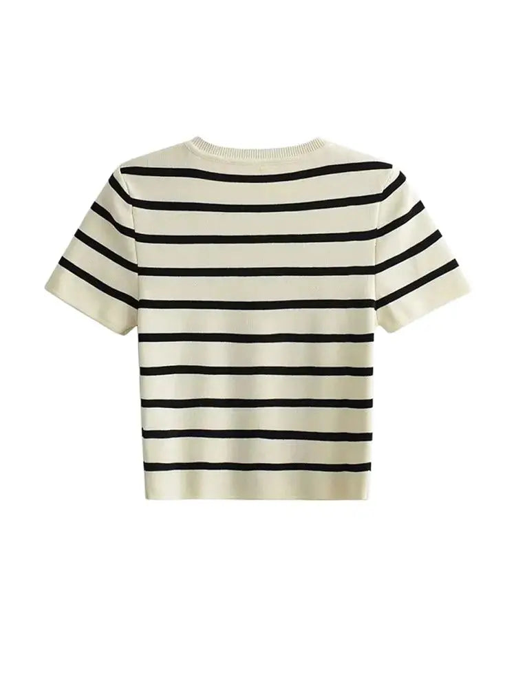 Women Fashion Striped Basic Cropped Knit Sweater Vintage O Neck Short Sleeve Female Pullovers Chic Tops by Urban Fashion Icon