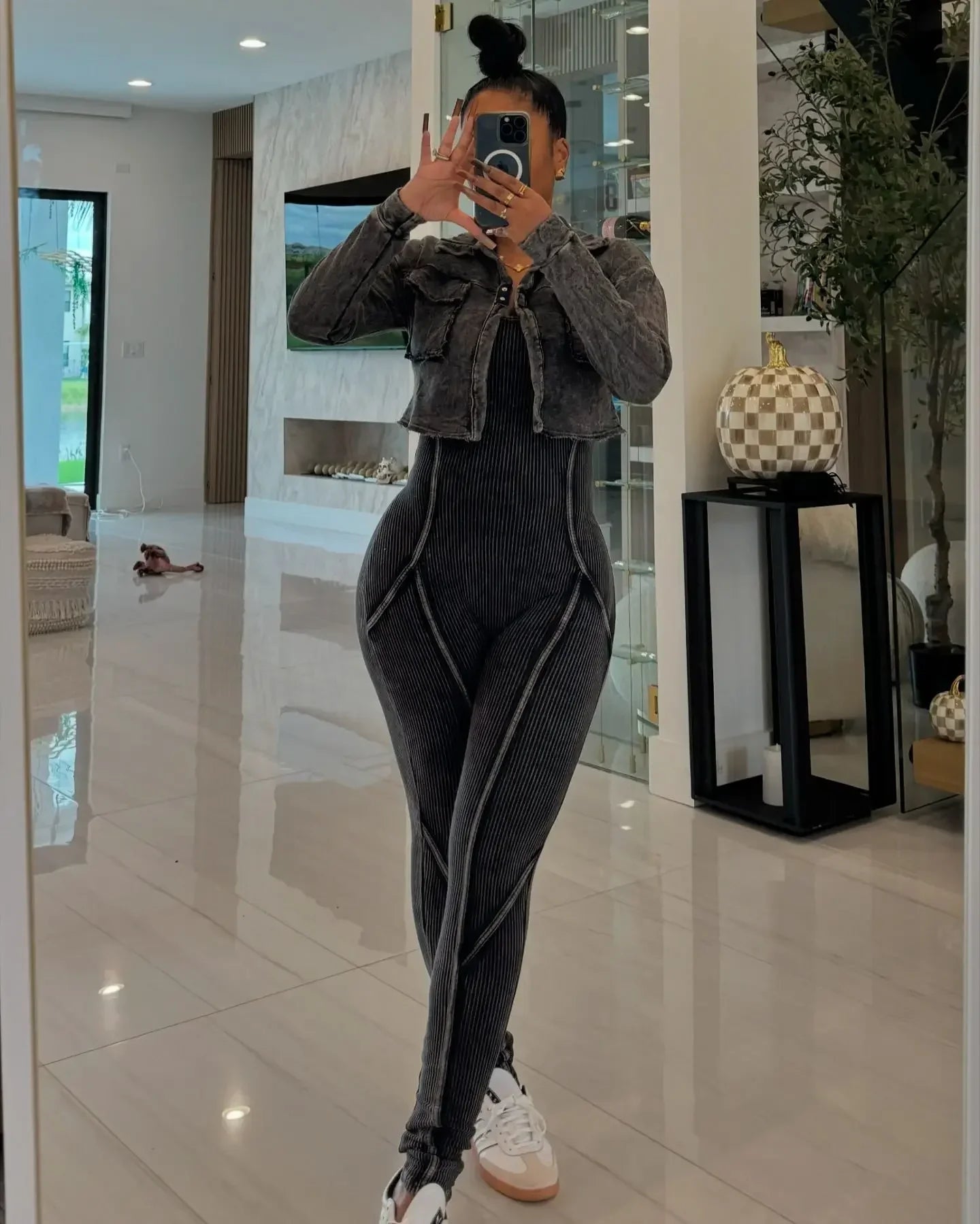 Ribbed Long Sleeve Crop Jacket + Bodycon Jumpsuit