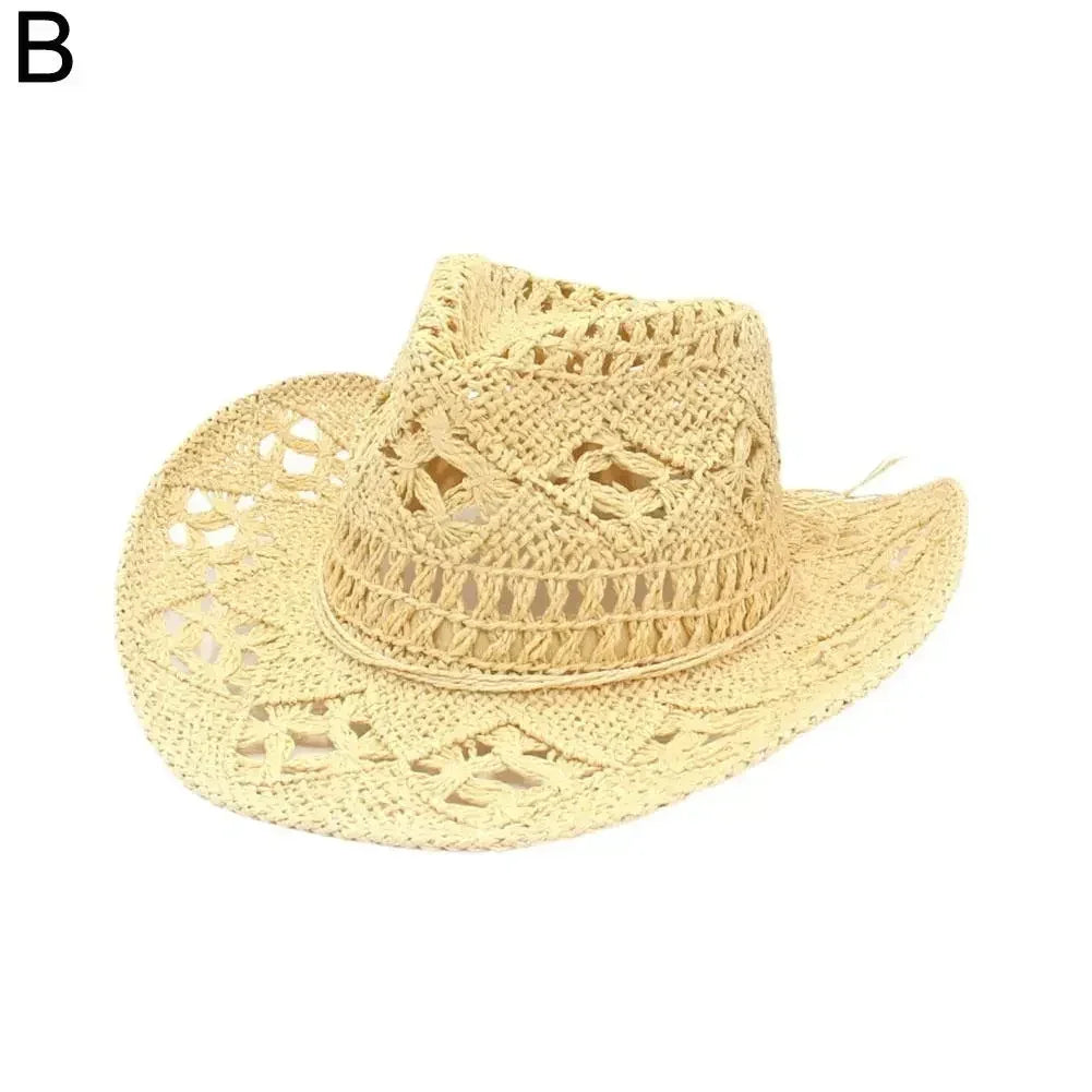 Summer Outdoor Men Women Hand-woven Western Cowboy Straw Hats Wide Brim Breathable Beach Jazz Cap Sun Protection Hat (Copy)