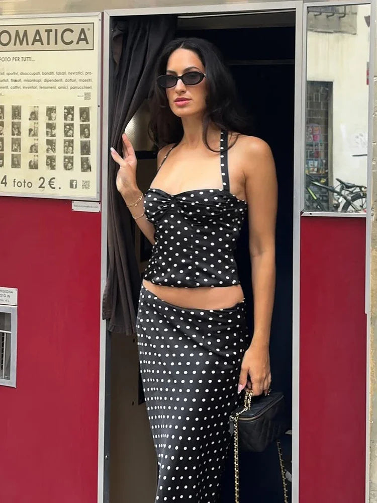 Retro Polka Dot 2-piece Set Lady Chic Sleeveless Off-shoulder Halter Crop Top Maxi Skirt Sets 2026 Women Vacation Street Outfit by Urban Fashion Icon