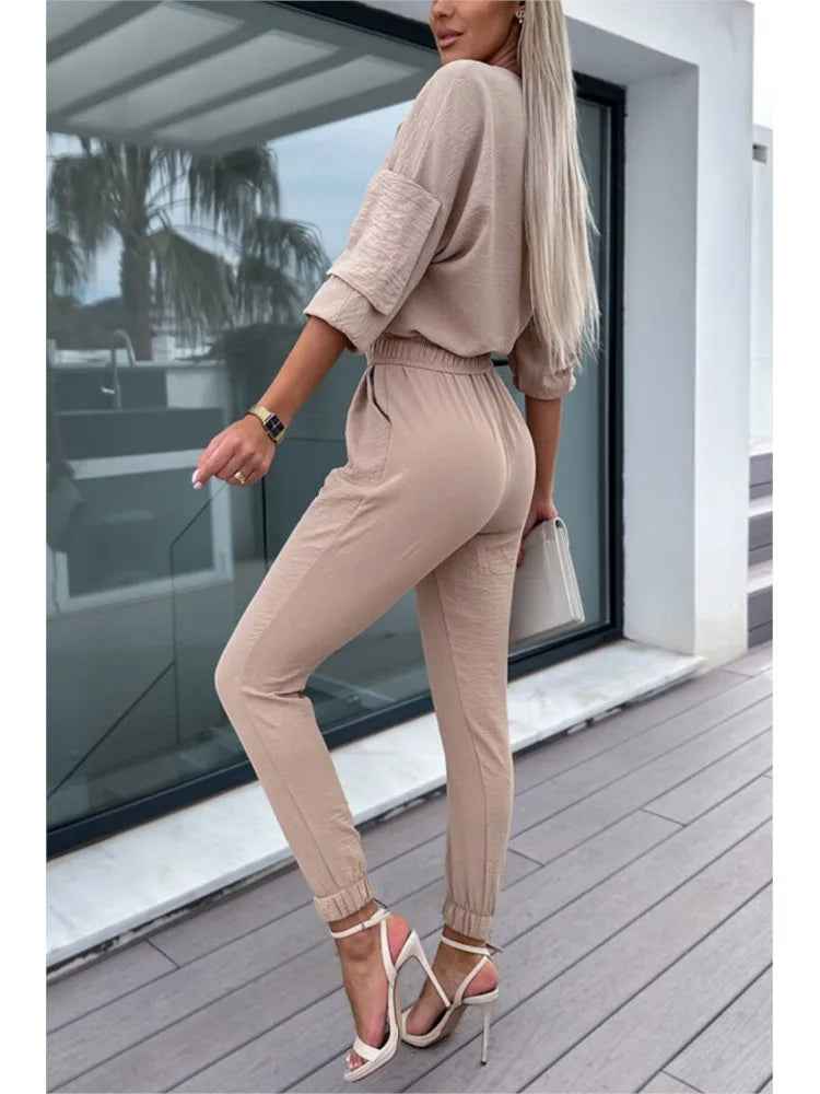 Autumn Jumpsuit Women Solid Color V-Neck Belt Pocket High Waist
