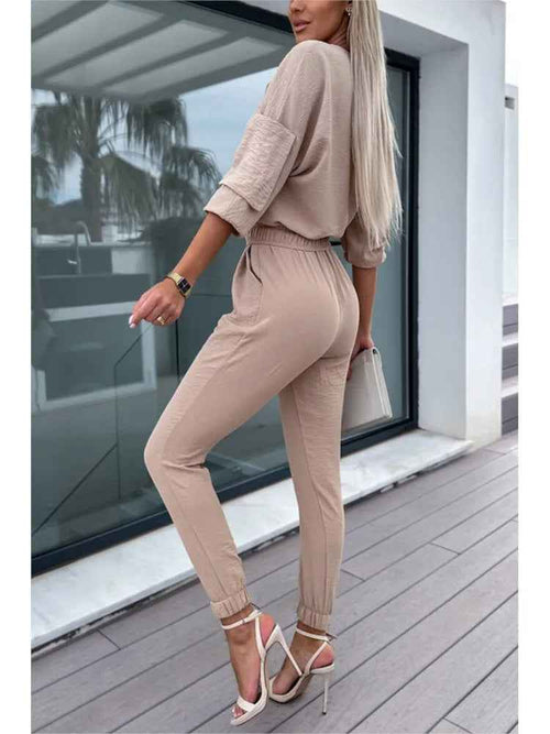 Autumn Jumpsuit Women Solid Color V-Neck Belt Pocket High Waist by Wild and Free Boutique