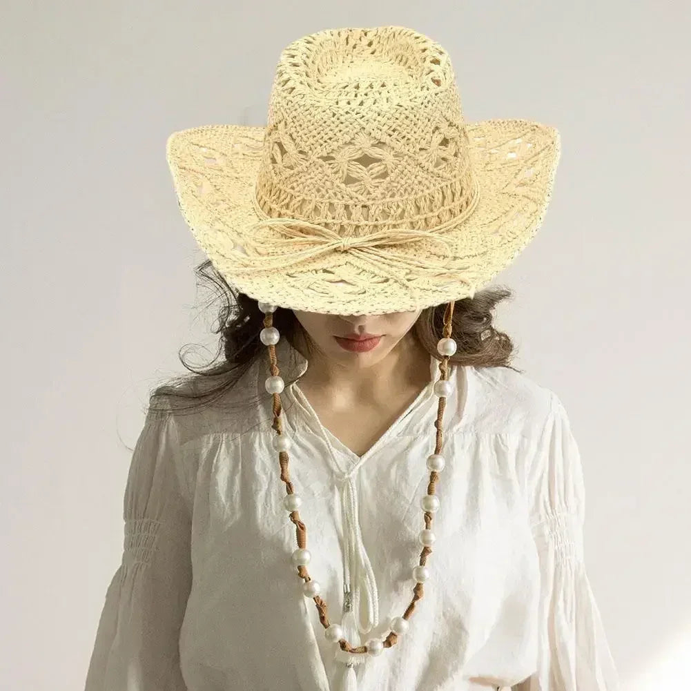 Summer Outdoor Men Women Hand-woven Western Cowboy Straw Hats Wide Brim Breathable Beach Jazz Cap Sun Protection Hat (Copy)