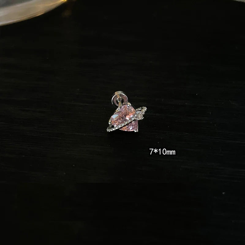 1 PCS Pink Bowknot Shiny Ear Bone Nail 316L Stainless Steel Korean Style Zircon Crystal Earring Women Y2K Cute Cochlea Jewelry
