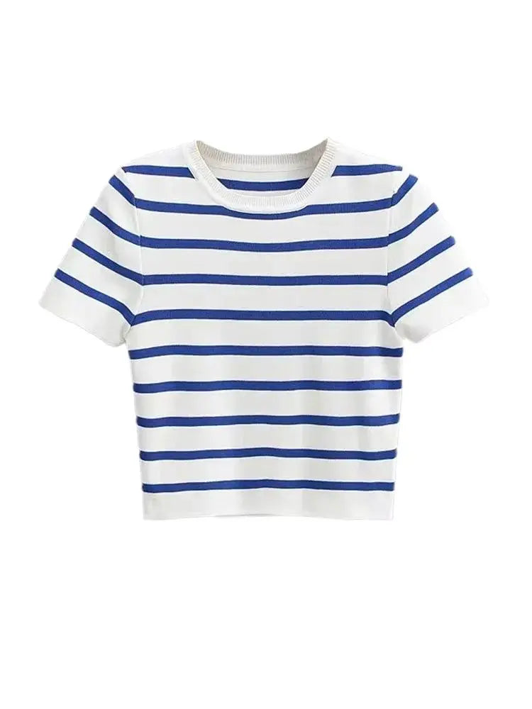 Women Fashion Striped Basic Cropped Knit Sweater Vintage O Neck Short Sleeve Female Pullovers Chic Tops by Urban Fashion Icon