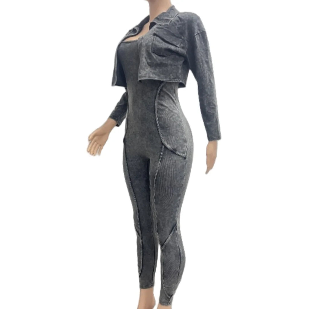 Ribbed Long Sleeve Crop Jacket + Bodycon Jumpsuit