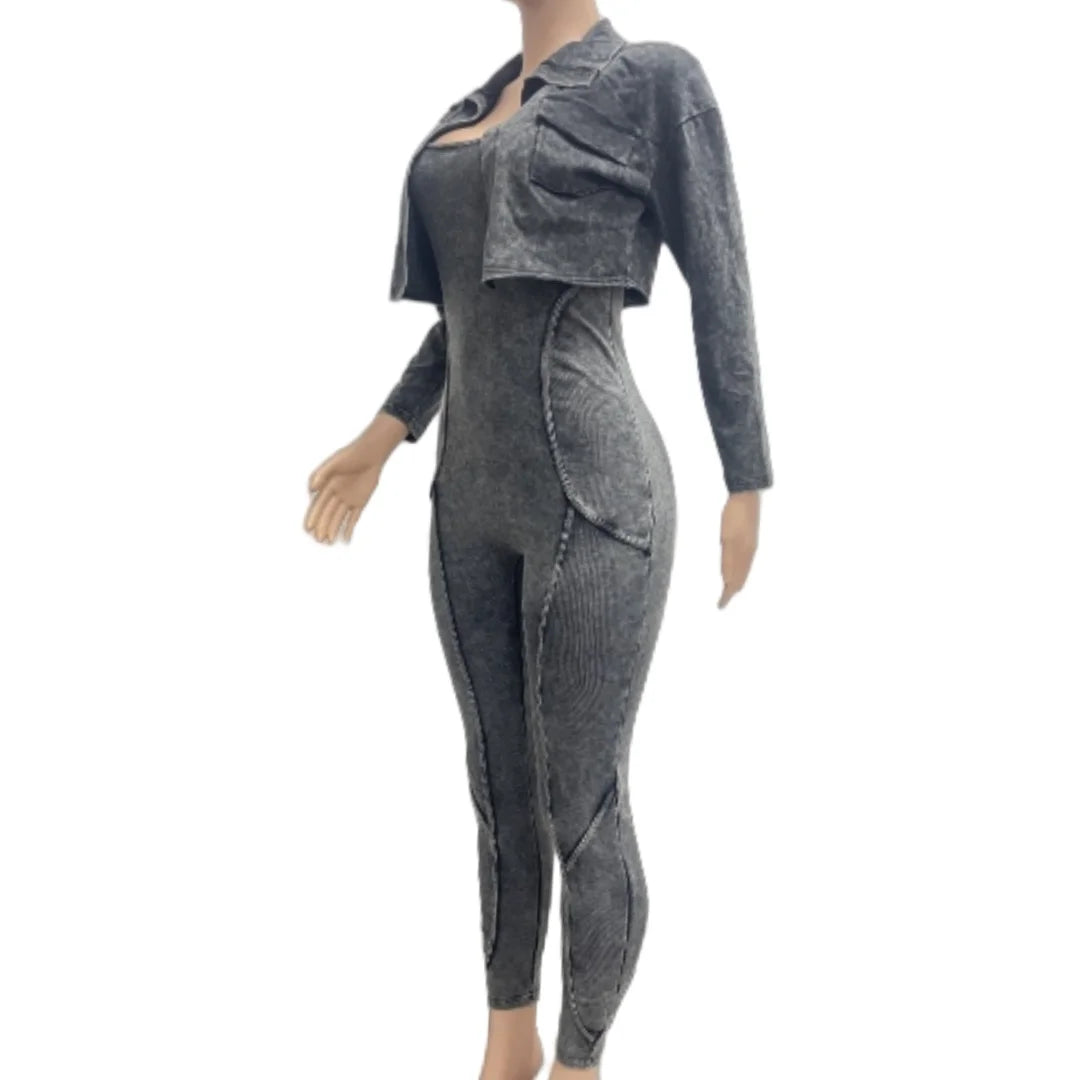 Ribbed Long Sleeve Crop Jacket + Bodycon Jumpsuit