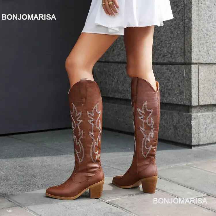 Plus Size 45 Women's Embroidered Western Knee-High Boots Cowboy Cowgirl Boots