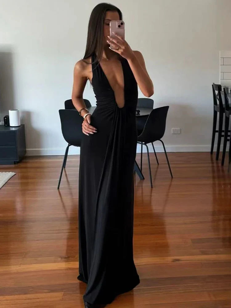 TARUXY Deep V Neck Halter Long Dress Female Elegant Ruched Ribbon Splice Summer New Vacation Dress Sexy Slim Sleeveless Vestido by Urban Fashion Icon