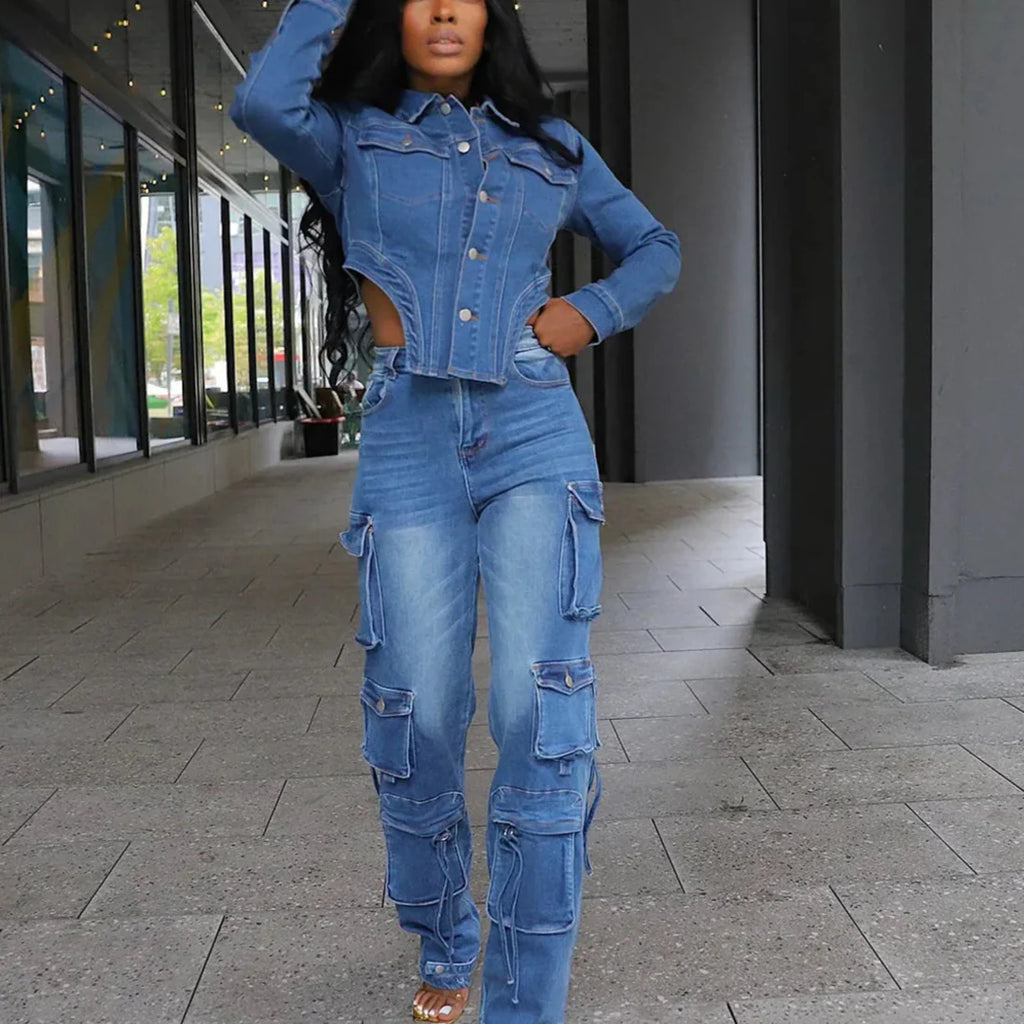 Denim Cropped Two-Piece Pant Set