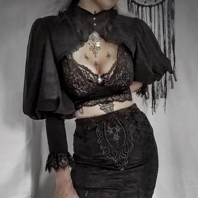 Gothic Lantern Sleeve Smock High Street Sexy Black Winter Long Sleeve Crop Top Aesthetic Fairy Blusas Mujer De Moda 2022 by Urban Fashion Icon