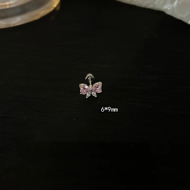 1 PCS Pink Bowknot Shiny Ear Bone Nail 316L Stainless Steel Korean Style Zircon Crystal Earring Women Y2K Cute Cochlea Jewelry
