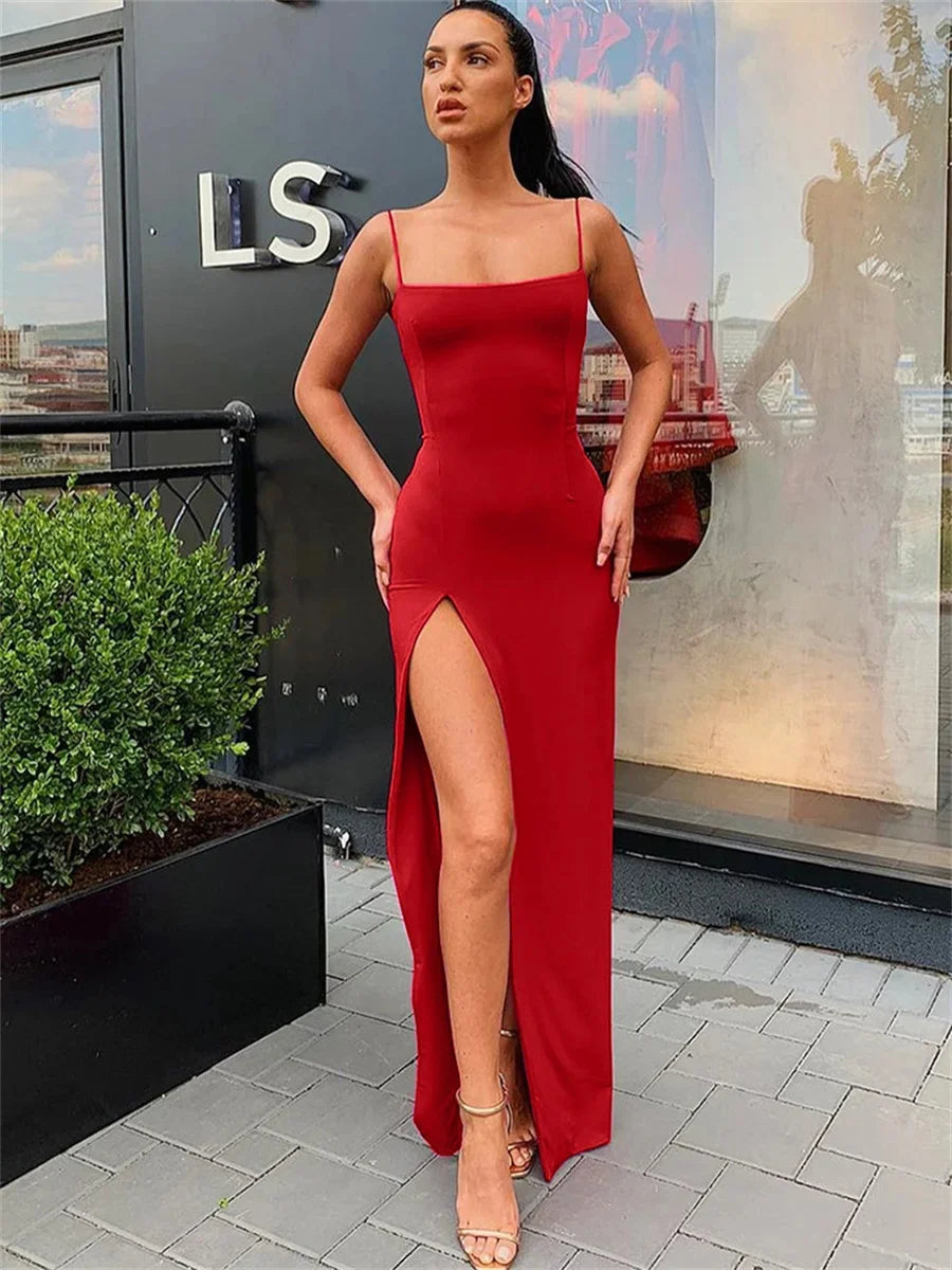 Women Summer Sexy Bodycon Dress Lady Sexy Spaghetti Strap Sleeve Split Solid Color Sheath Dress Vestidos by Urban Fashion Icon