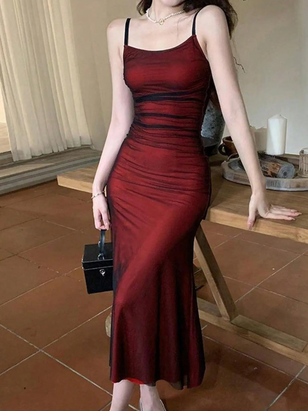 Elegant Camisole Red off Shoulder Sleeveless Pleated Skirt for Women's Slim fit Long Dress summer beach vacation party dress by Urban Fashion Icon