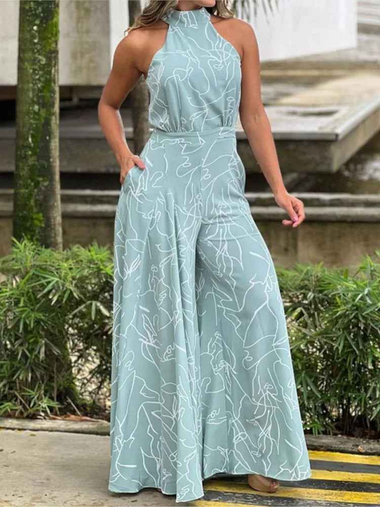 Elegant Printed Halter Neck Leace-Up Jumpsuit Women Sleeveless Fashion High Waist Wide Leg Jumpsuits Casual Streetwear  New