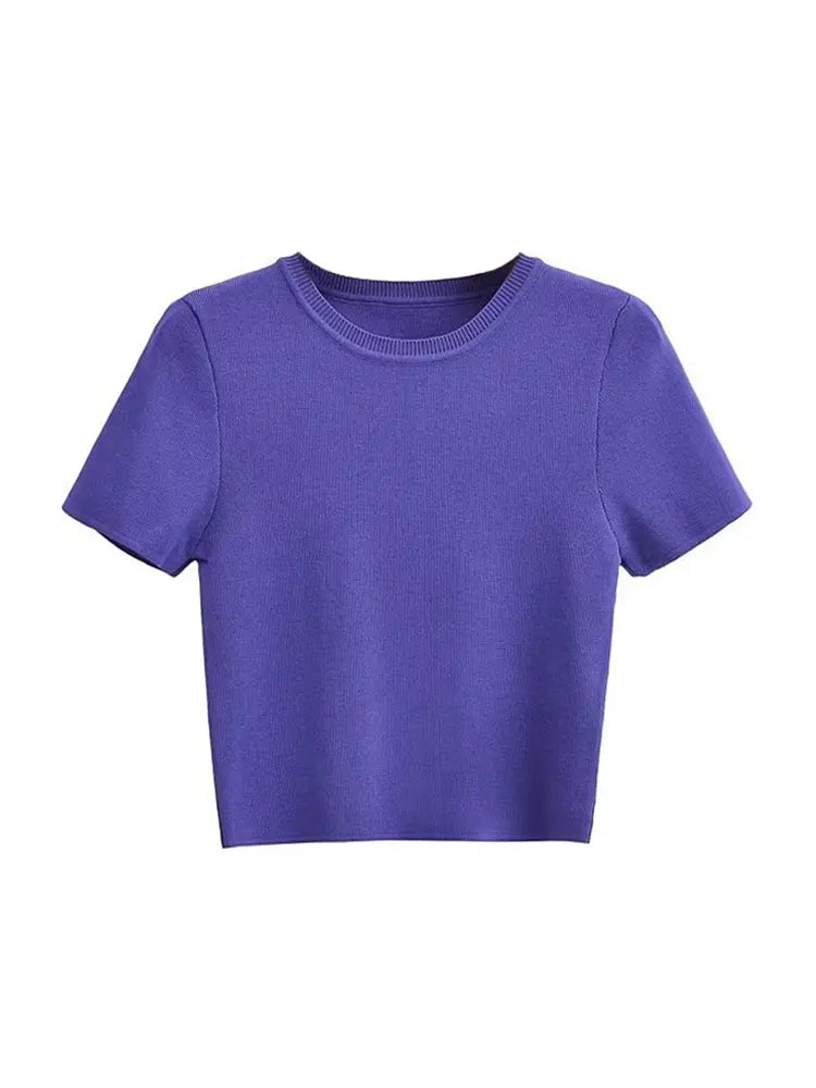 Women Fashion Striped Basic Cropped Knit Sweater Vintage O Neck Short Sleeve Female Pullovers Chic Tops by Urban Fashion Icon