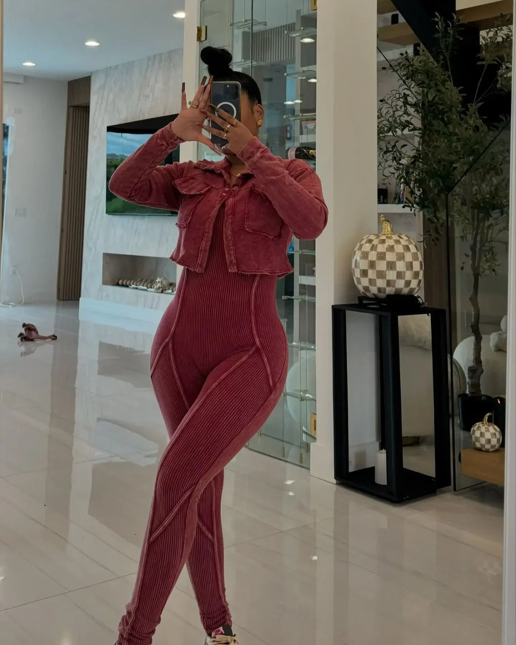 Ribbed Long Sleeve Crop Jacket + Bodycon Jumpsuit
