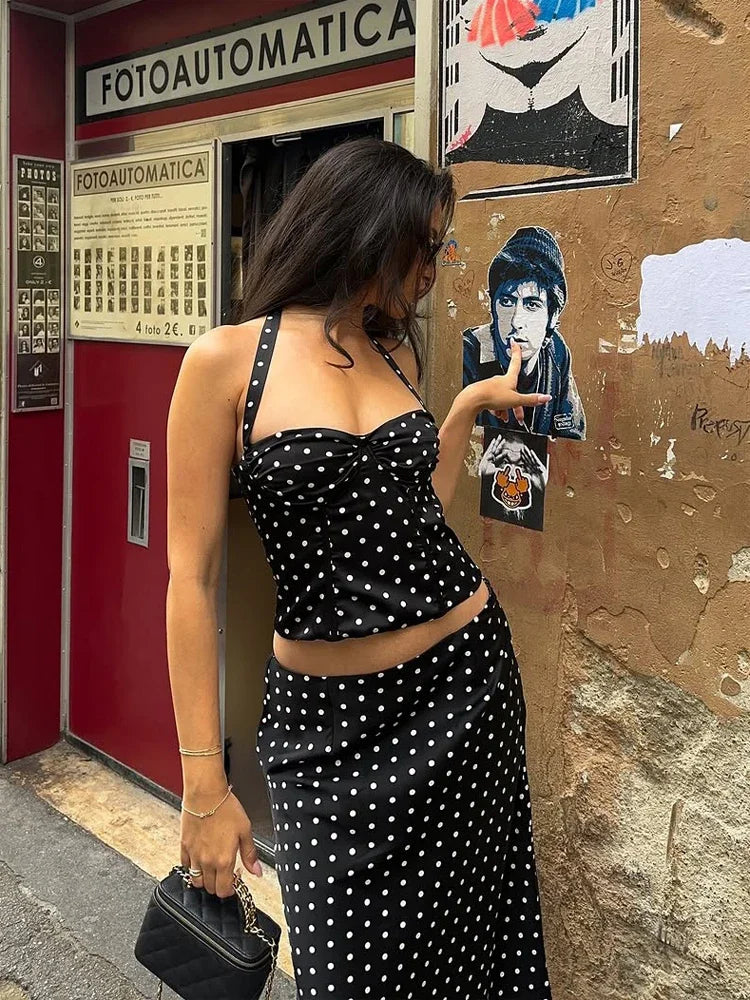 Retro Polka Dot 2-piece Set Lady Chic Sleeveless Off-shoulder Halter Crop Top Maxi Skirt Sets 2026 Women Vacation Street Outfit by Urban Fashion Icon