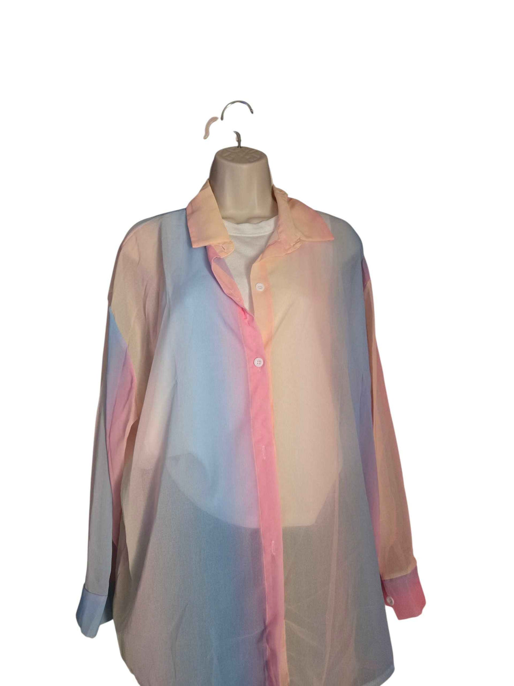 Title: Pastel Dream Oversized Sheer Button-Down Blouse
