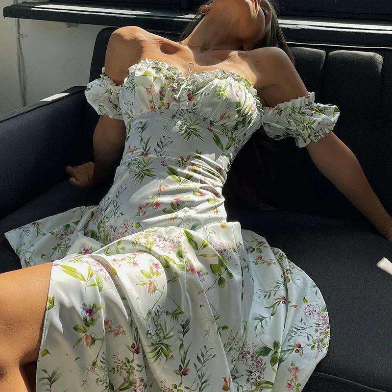 Summer Floral Off Shoulder Puff Sleeve Maxi Dress by nowadaysfashion
