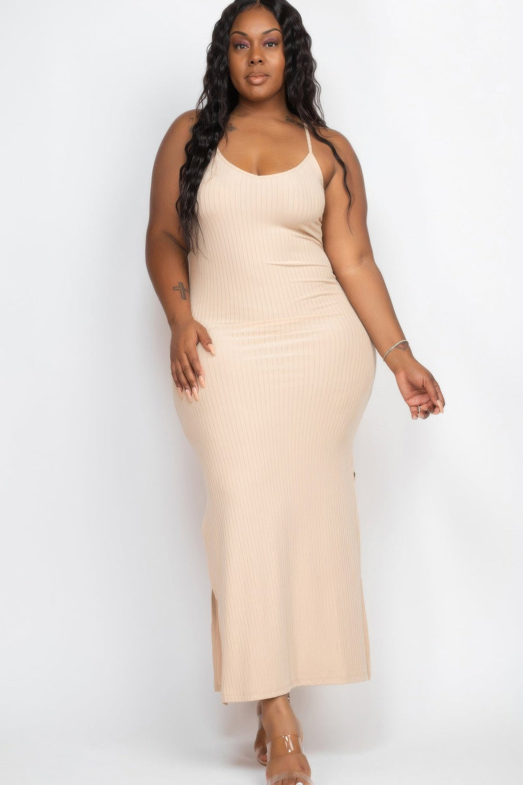Plus Size Ribbed Side Slit Long Cami Maxi Dress by Selvanelle