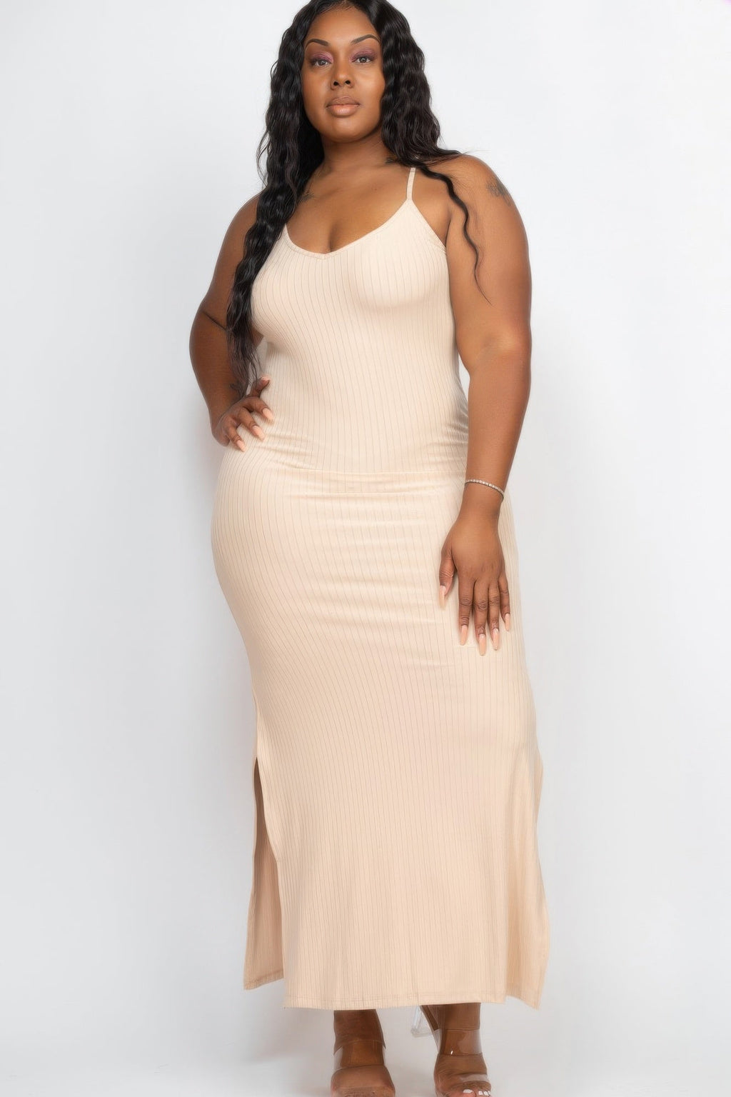 Plus Size Ribbed Side Slit Long Cami Maxi Dress by Selvanelle