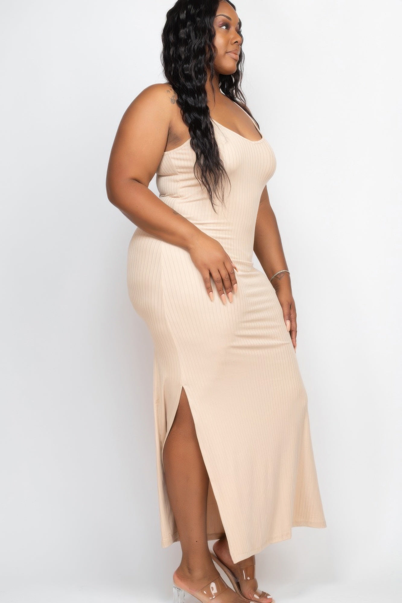 Plus Size Ribbed Side Slit Long Cami Maxi Dress by Selvanelle