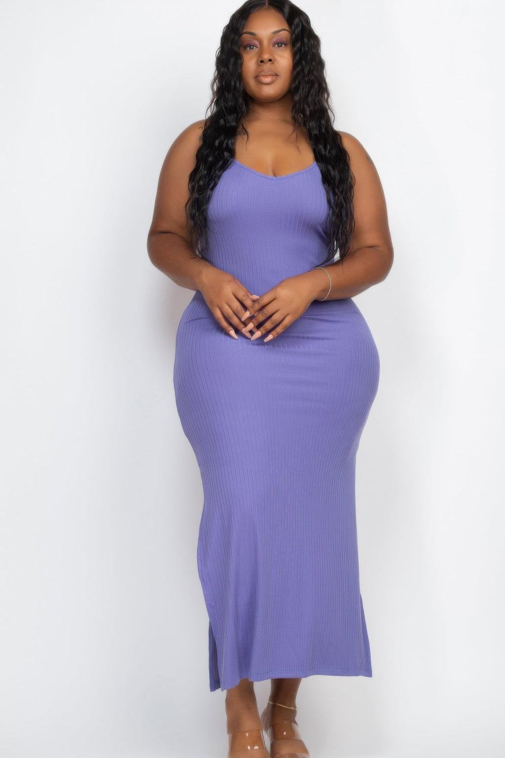 Plus Size Ribbed Side Slit Long Cami Maxi Dress by Selvanelle