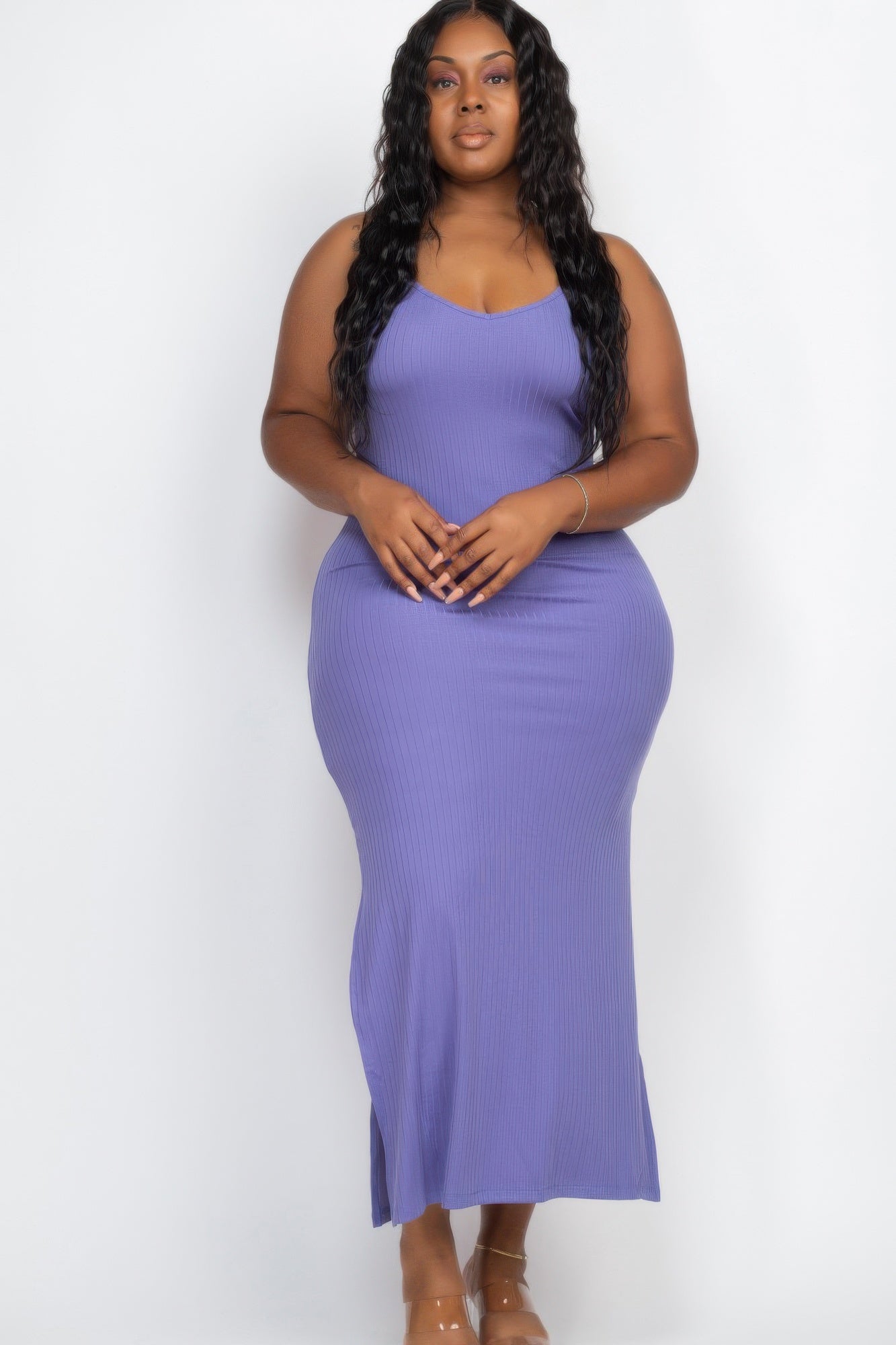 Plus Size Ribbed Side Slit Long Cami Maxi Dress by Selvanelle