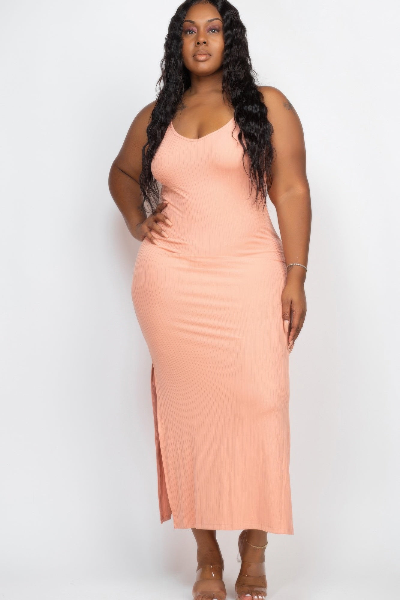 Plus Size Ribbed Side Slit Long Cami Maxi Dress by Selvanelle