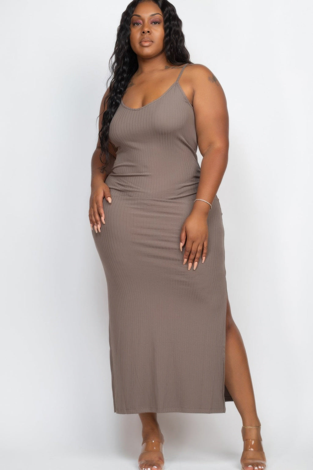 Plus Size Ribbed Side Slit Long Cami Maxi Dress by Selvanelle