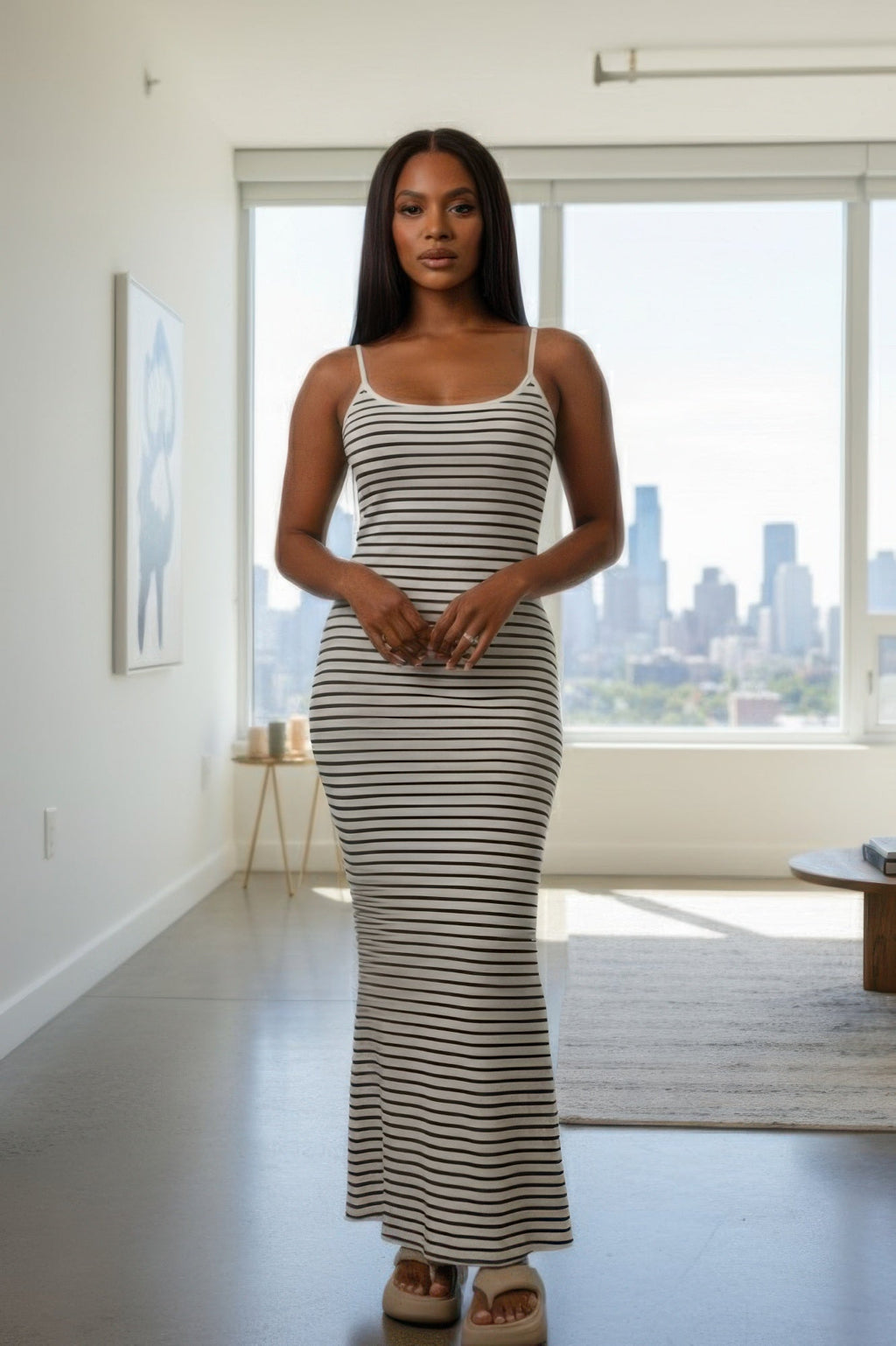 Women's Rib Knit Striped Bodycon Maxi Slip Dress by Selvanelle