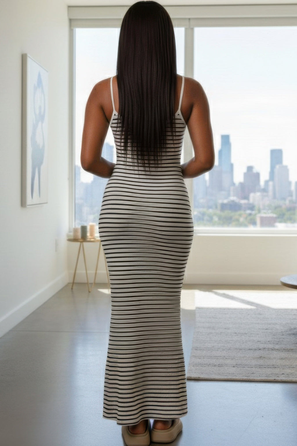Women's Rib Knit Striped Bodycon Maxi Slip Dress by Selvanelle