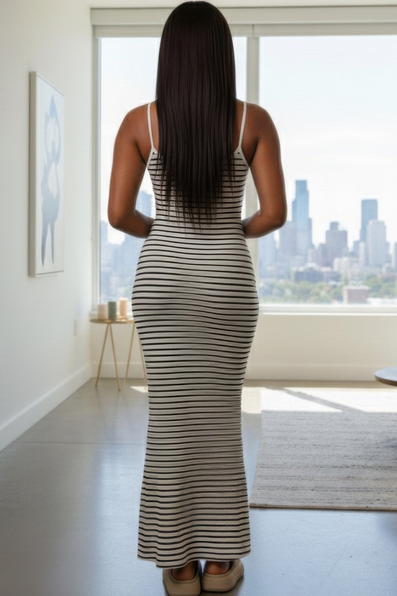 Women's Rib Knit Striped Bodycon Maxi Slip Dress by Selvanelle