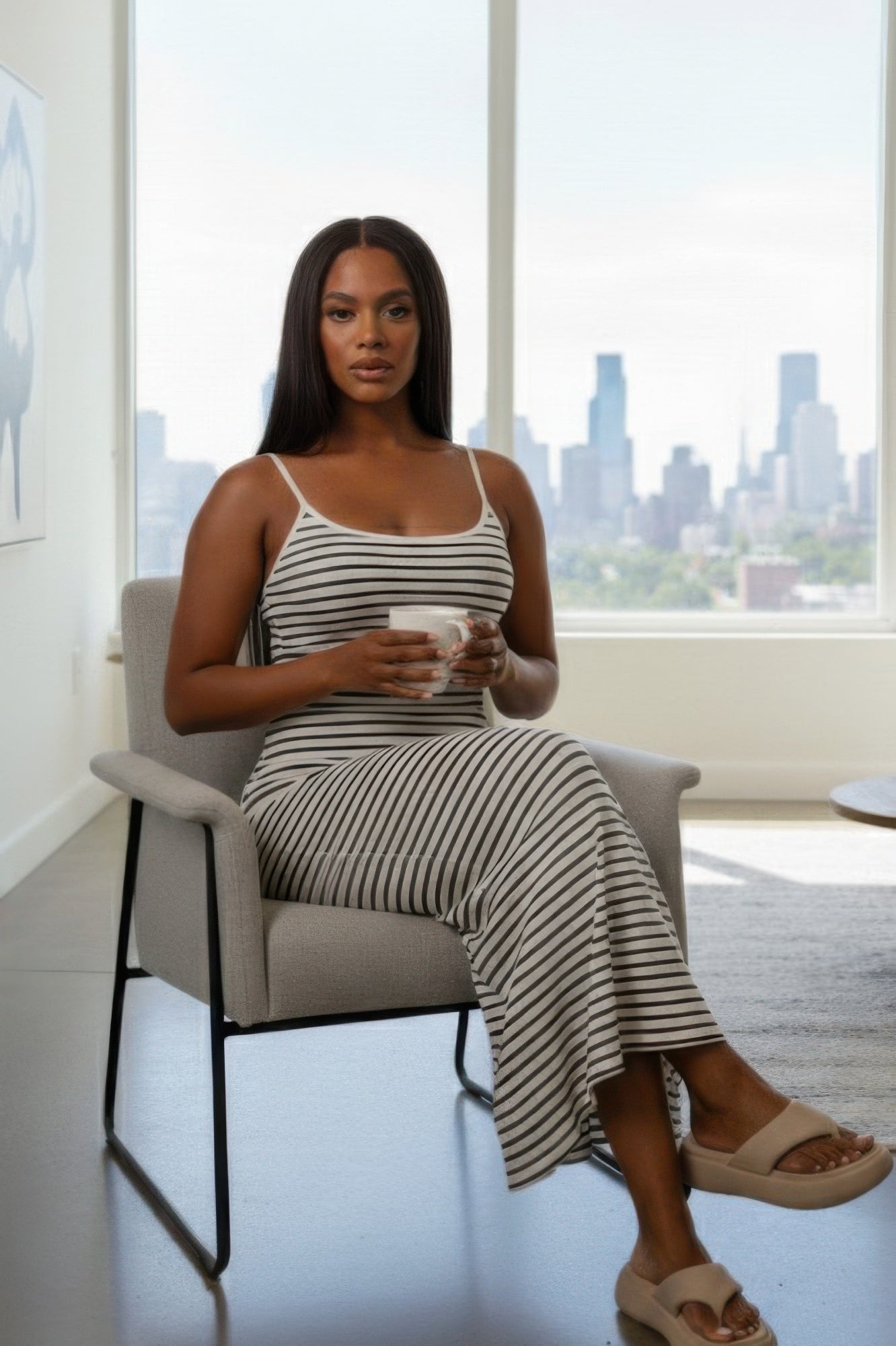 Women's Rib Knit Striped Bodycon Maxi Slip Dress by Selvanelle