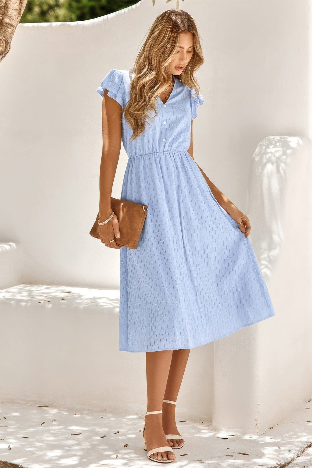 V Neck Short Sleeve Solid Ruffle A Line Midi Dress by Selvanelle